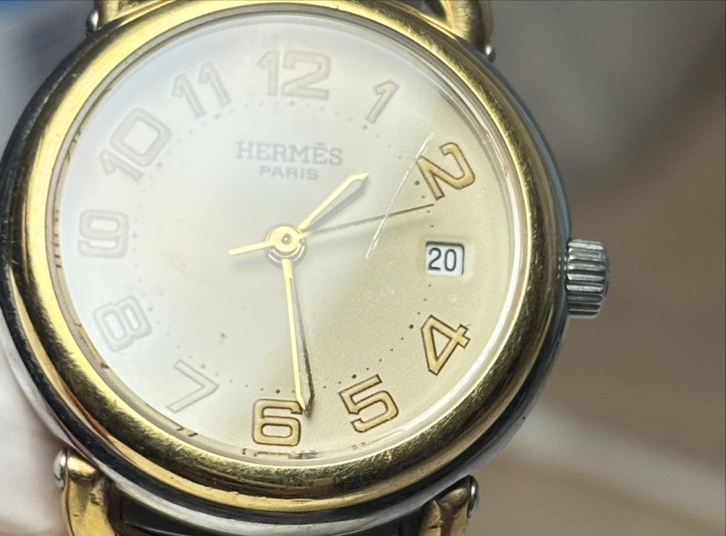 Vintage [Exc+4] Hermes Pullman PU2.240 Ivory Dial 24mm Date Woman's Quartz Watch
