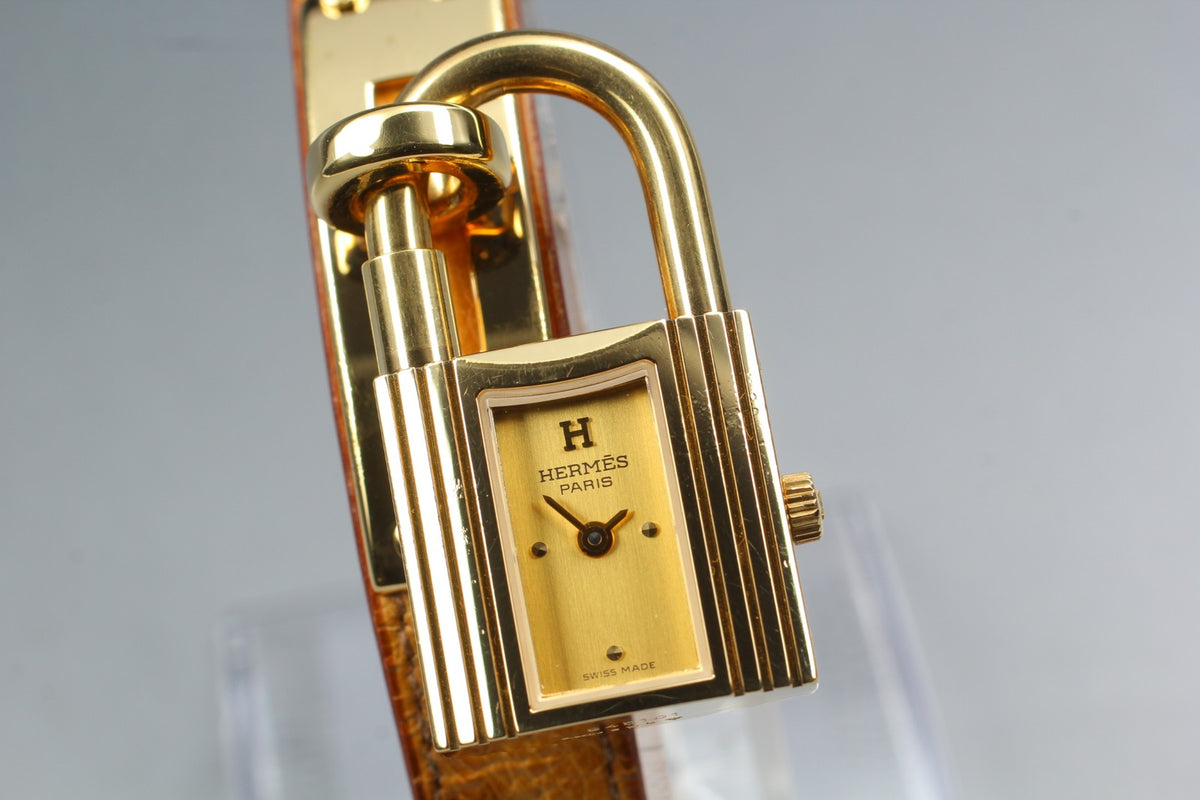 HERMES Kelly Watch Gold Brown Leather "Z" Woman's Quartz Watch Vintage [Box]