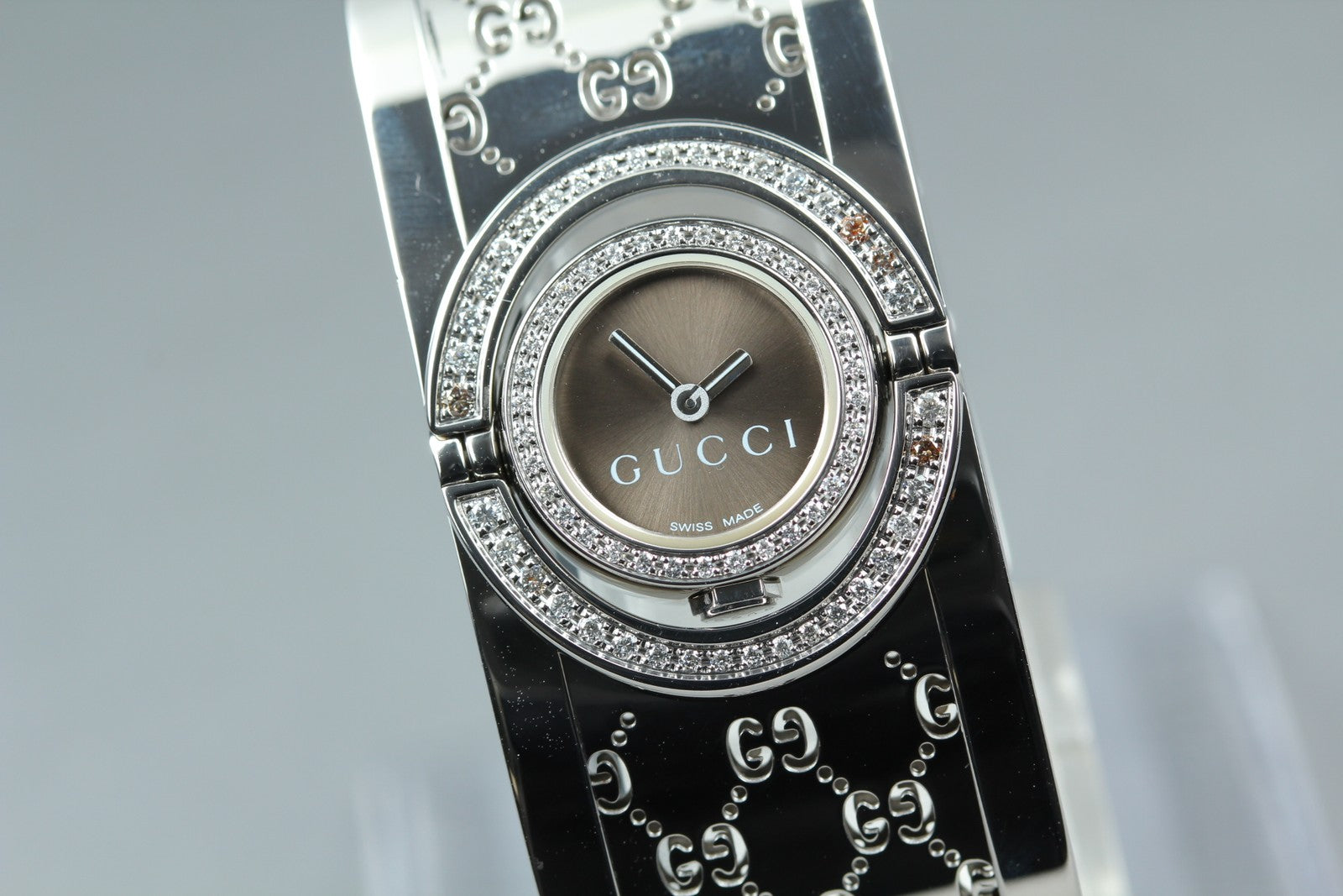 GUCCI 112 Twirl Double Diamond Brown Dial YA112504 23mm Woman's Qz Watch [Box]