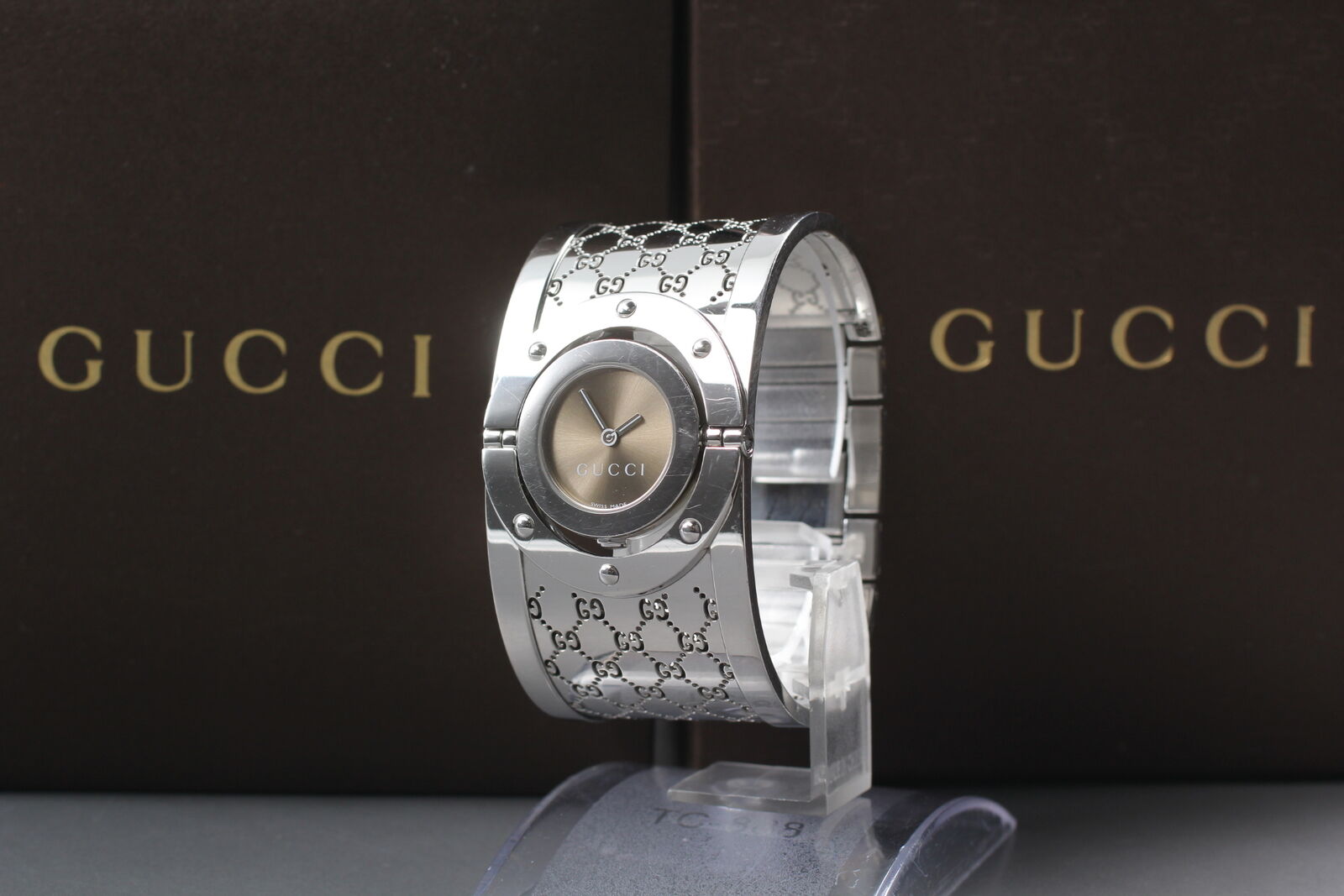 [Exc+5 w/Box] GUCCI 112 Twirl Bracelet Bangle Brown Woman's Quartz Watch JAPAN