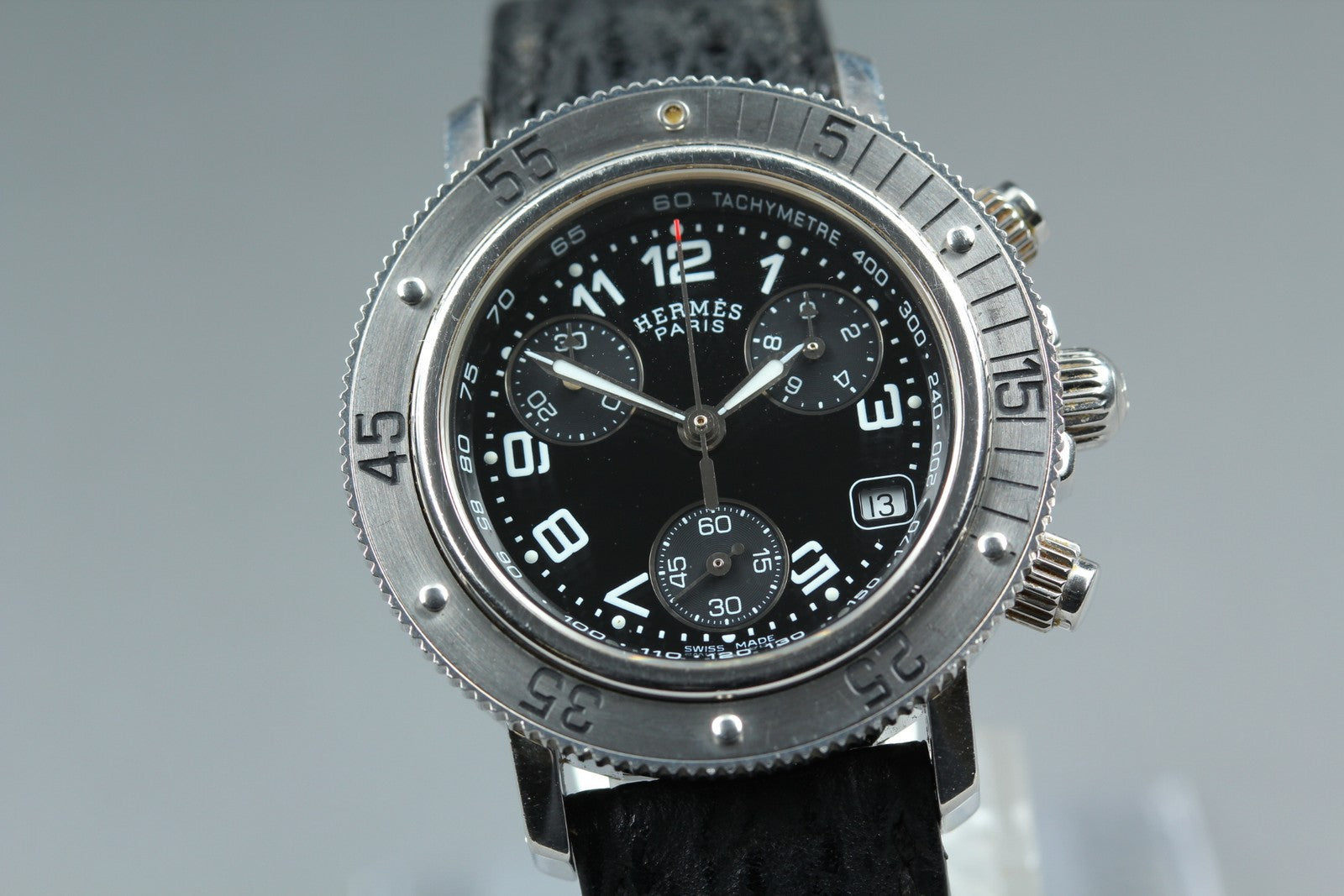 HERMES Clipper CL2.310 Quartz Black Chronograph Women's Watch 33mm Japan Box