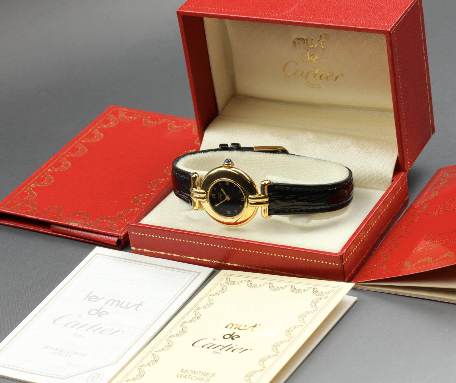 Vintage Cartier Must Colisee Vermeil 590002 Black Gold Women's Qz Watch [Box]
