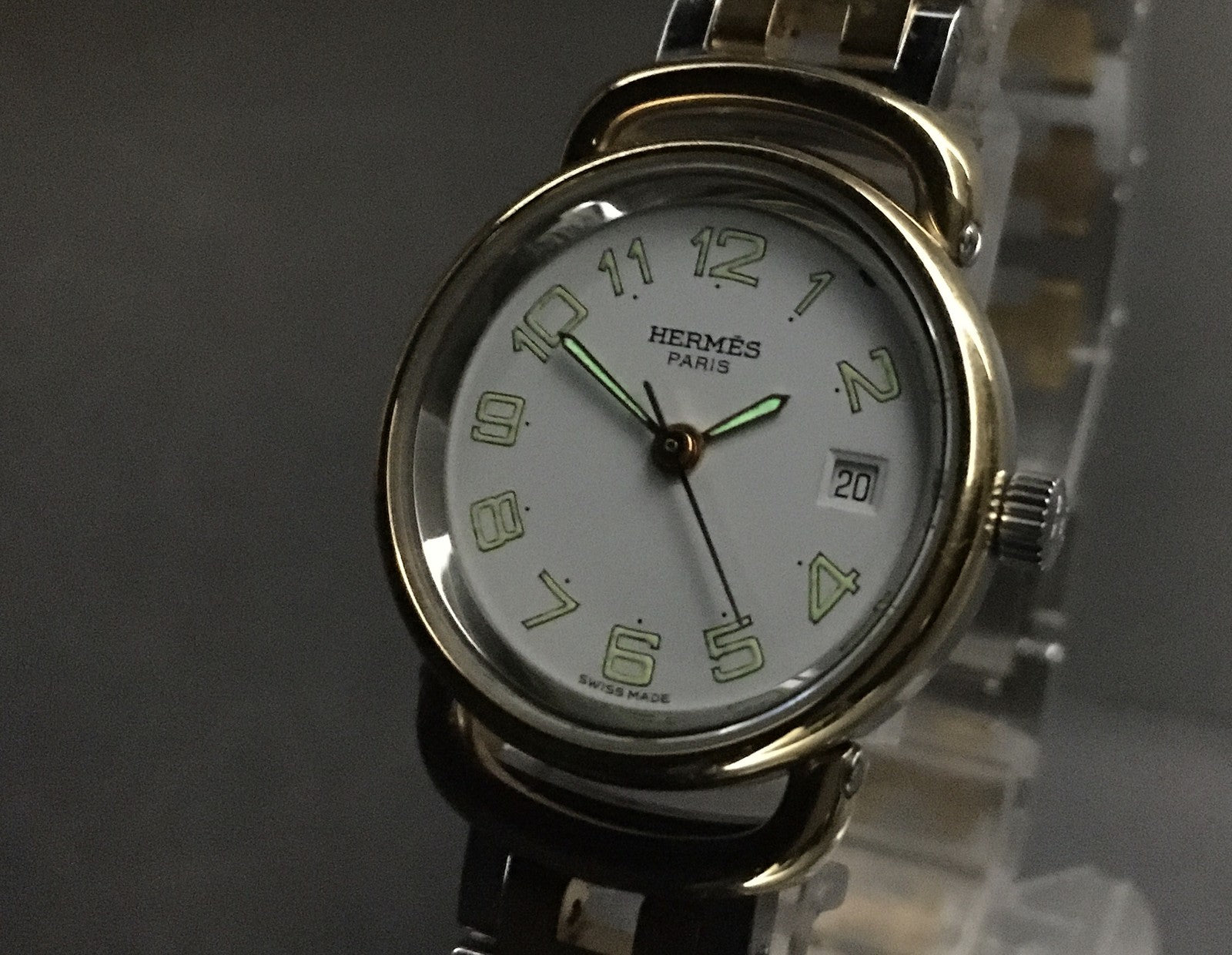 Vintage [Exc+5] Hermes Pullman Gold White Dial 24mm Date Woman's Quartz Watch