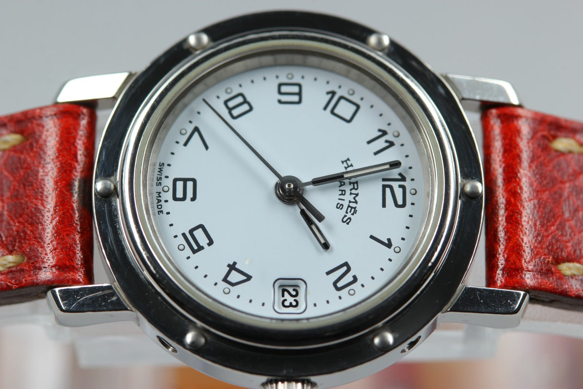 HERMES Clipper CL4.210 Date White Dial Red "E" 24mm Woman's Quartz Watch [Box]