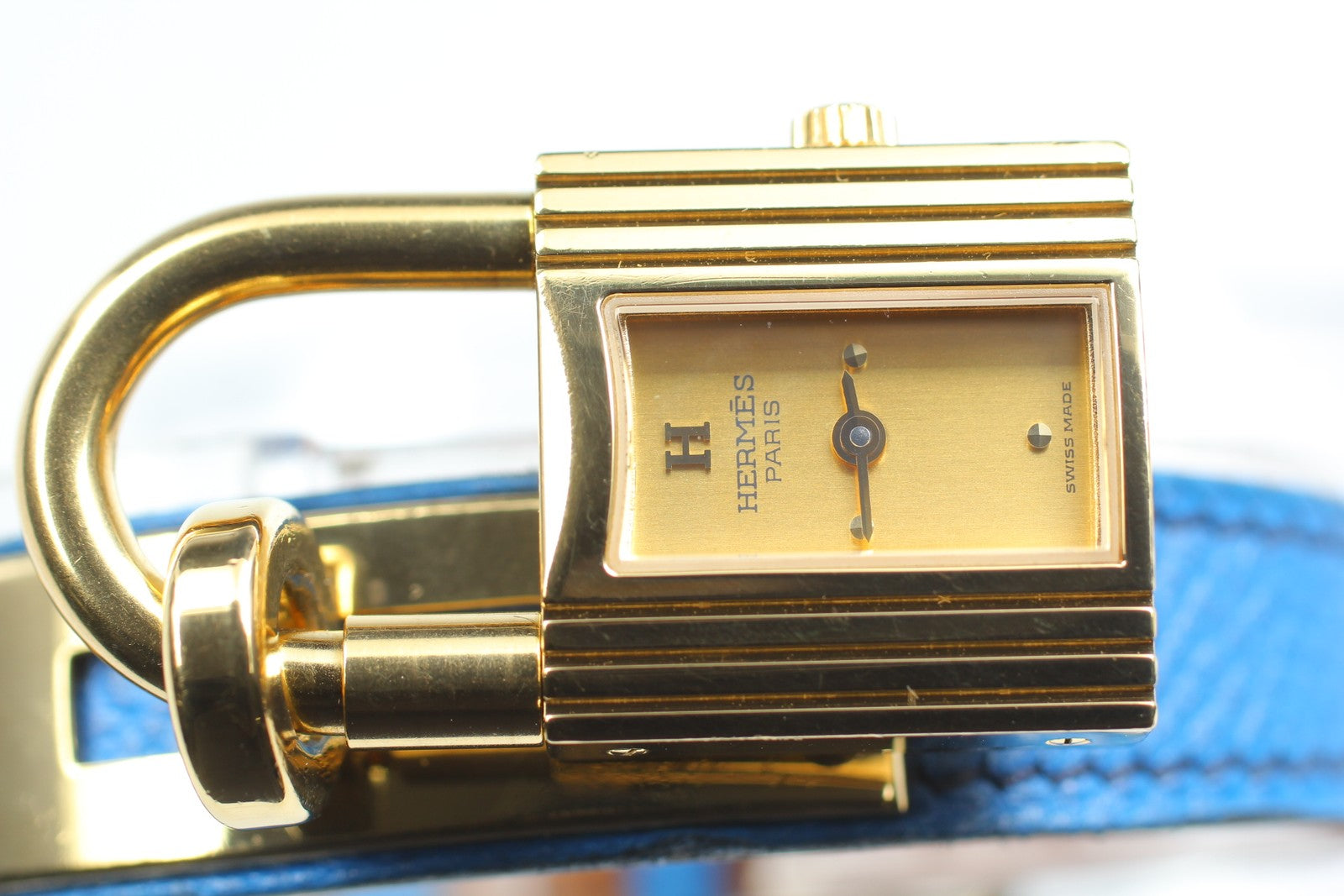 Vintage HERMES Kelly Watch Gold Dial Blue Leather "Y" Womans Watch Quartz [Box]