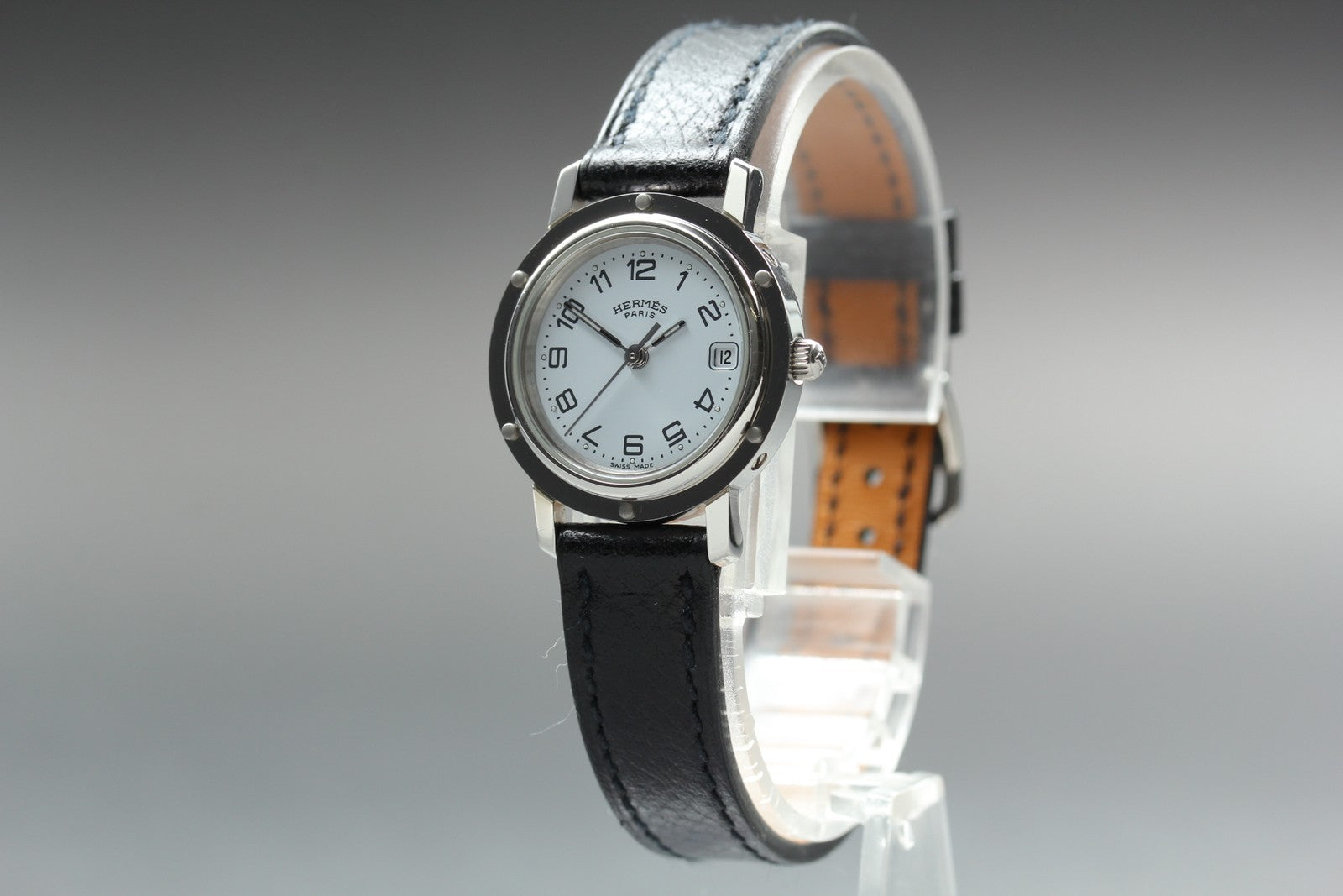 [Exc+5 Box] Hermes Clipper CL4.210 24mm "F" Silver Black Woman's Quartz Watch