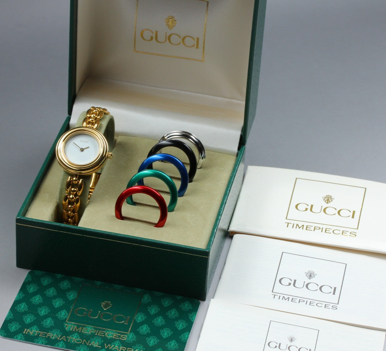 Vintage Gucci Change Bezel 11/12.2 6 Colors Gold Bracelet Women's Qz Watch [Box]