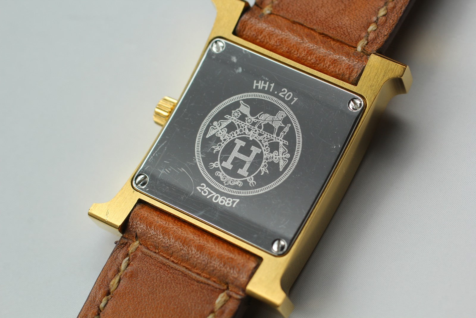 [Exc+4 Box] HERMES H Watch HH1.201 Gold Brown  "L" Woman's Watch Quartz JAPAN
