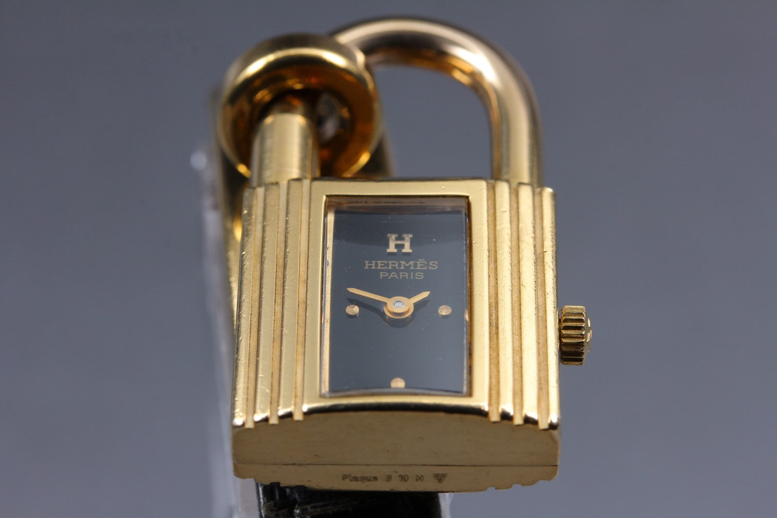 Vintage [Exc+5 Box] HERMES Kelly Watch Gold Black Leather "U" Woman's Qz Watch