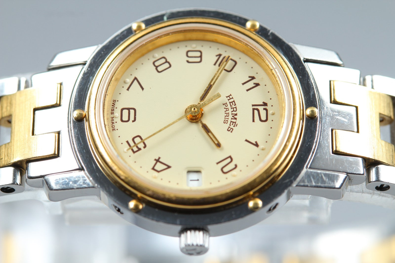 Vintage Hermes Clipper 24mm Ivory Dial Gold Woman's Watch Quartz [w /Box]