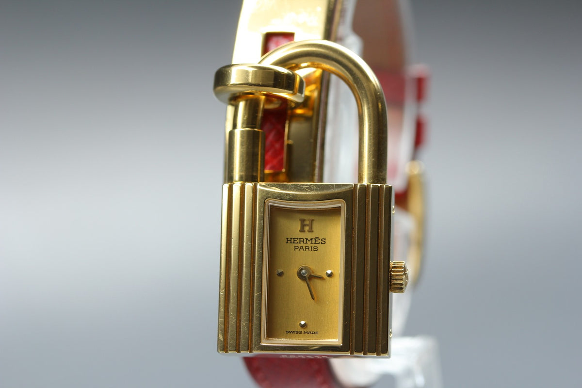 [Overhauled] HERMES Kelly Watch Gold Dial Red Leather "W" Woman's Watch Quartz