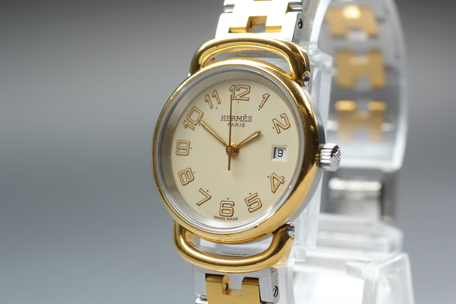 Vintage [Exc+5] Hermes Pullman Gold Ivory Dial 24mm Date Woman's Quartz Watch