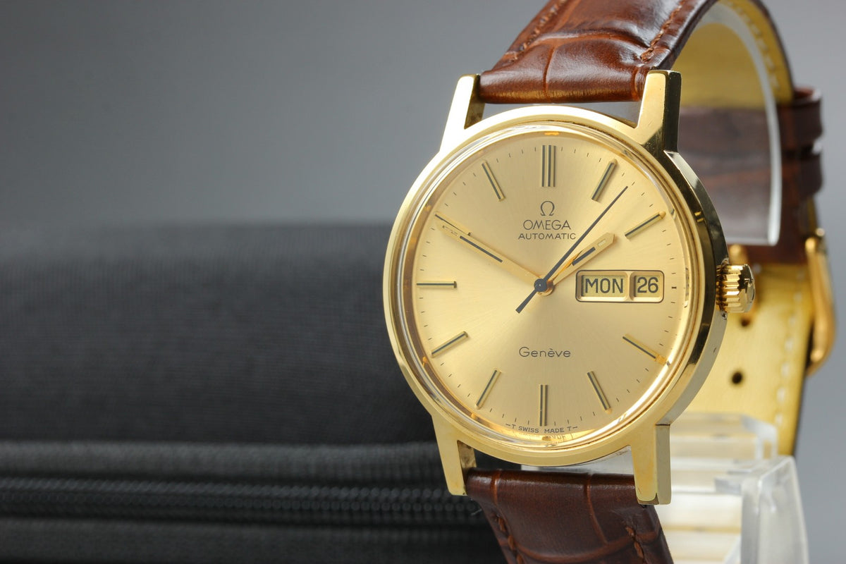 OMEGA Geneve Day-Date 166.0117 Cal.1022 Gold Brown 34mm AT Men's Watch Vintage