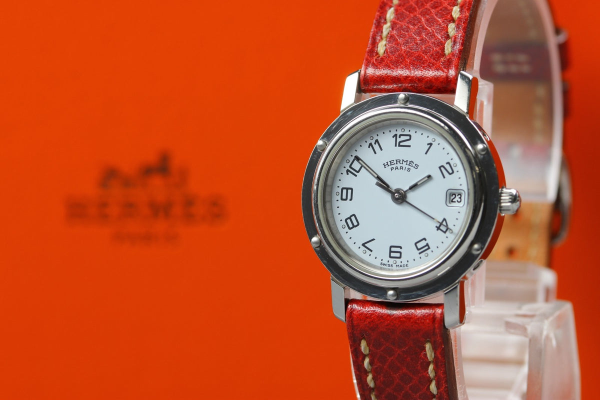 HERMES Clipper CL4.210 Date White Dial Red "E" 24mm Woman's Quartz Watch [Box]