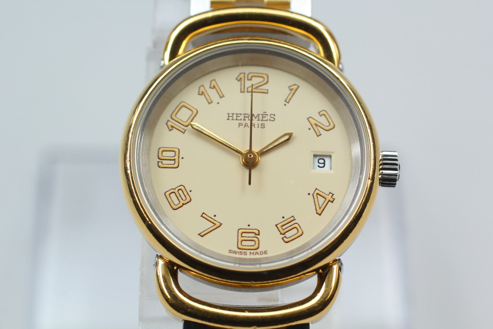 Vintage [Exc+5] Hermes Pullman Gold Ivory Dial 24mm Date Woman's Quartz Watch