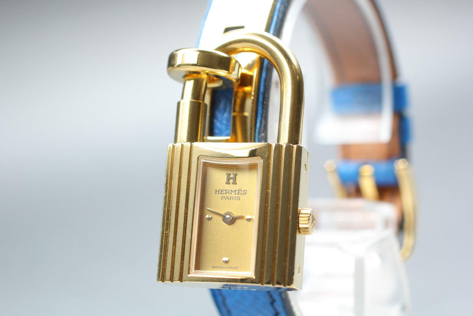Vintage HERMES Kelly Watch Gold Dial Blue Leather "Y" Womans Watch Quartz [Box]