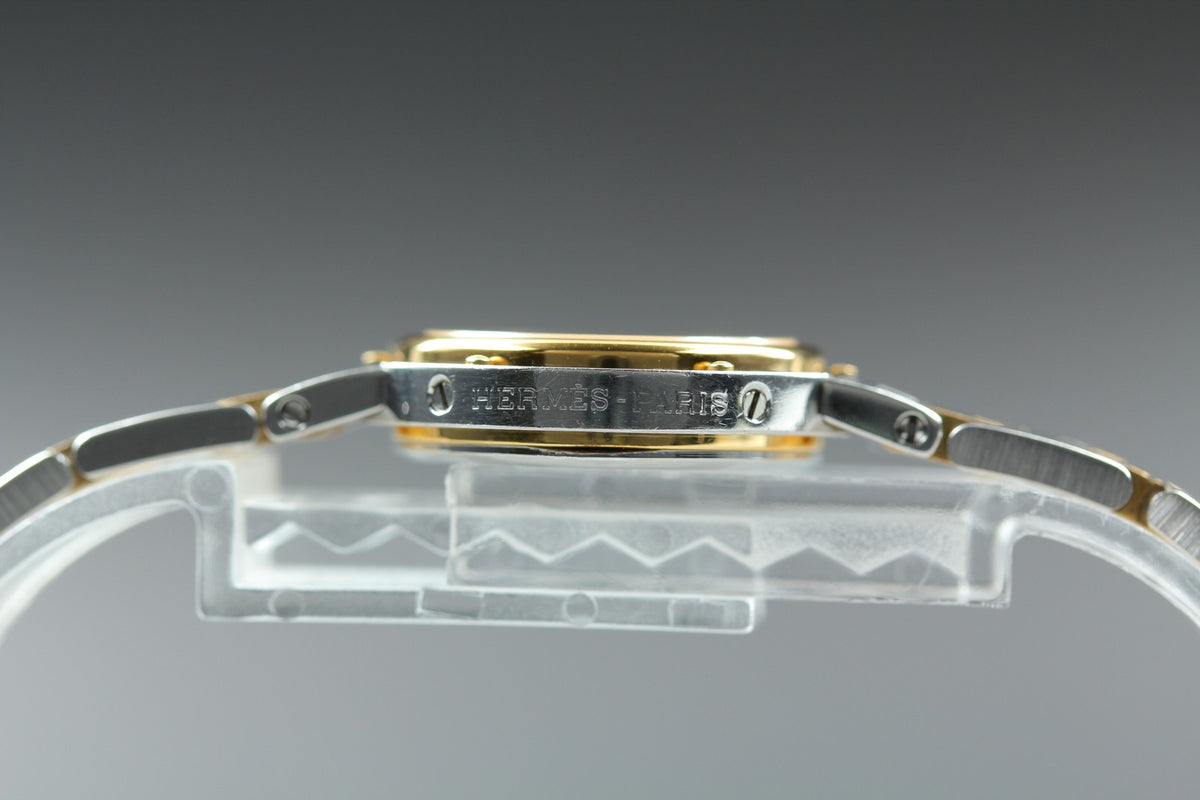 HERMES Clipper White Dial Gold Bracelet 24mm Woman's Quartz Watch Vintage