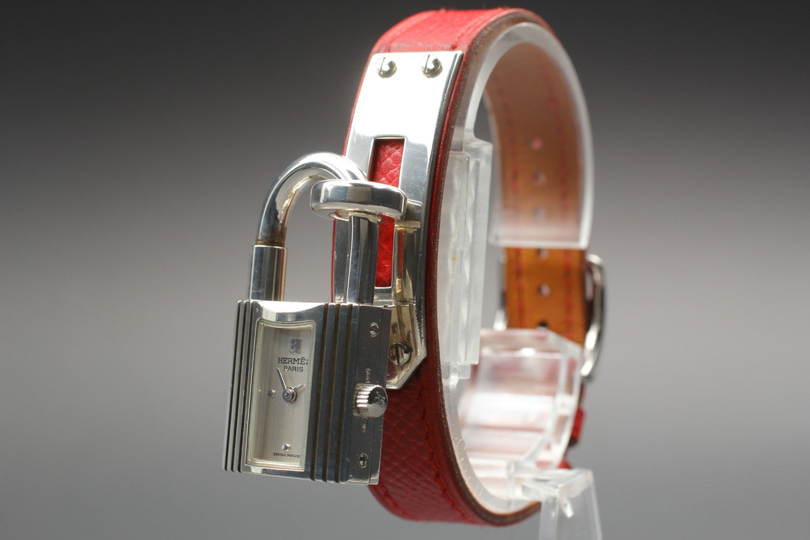 Vintage [Exc+5] HERMES Kelly Watch Silver Red Leather "Y" Woman's Quartz Watch