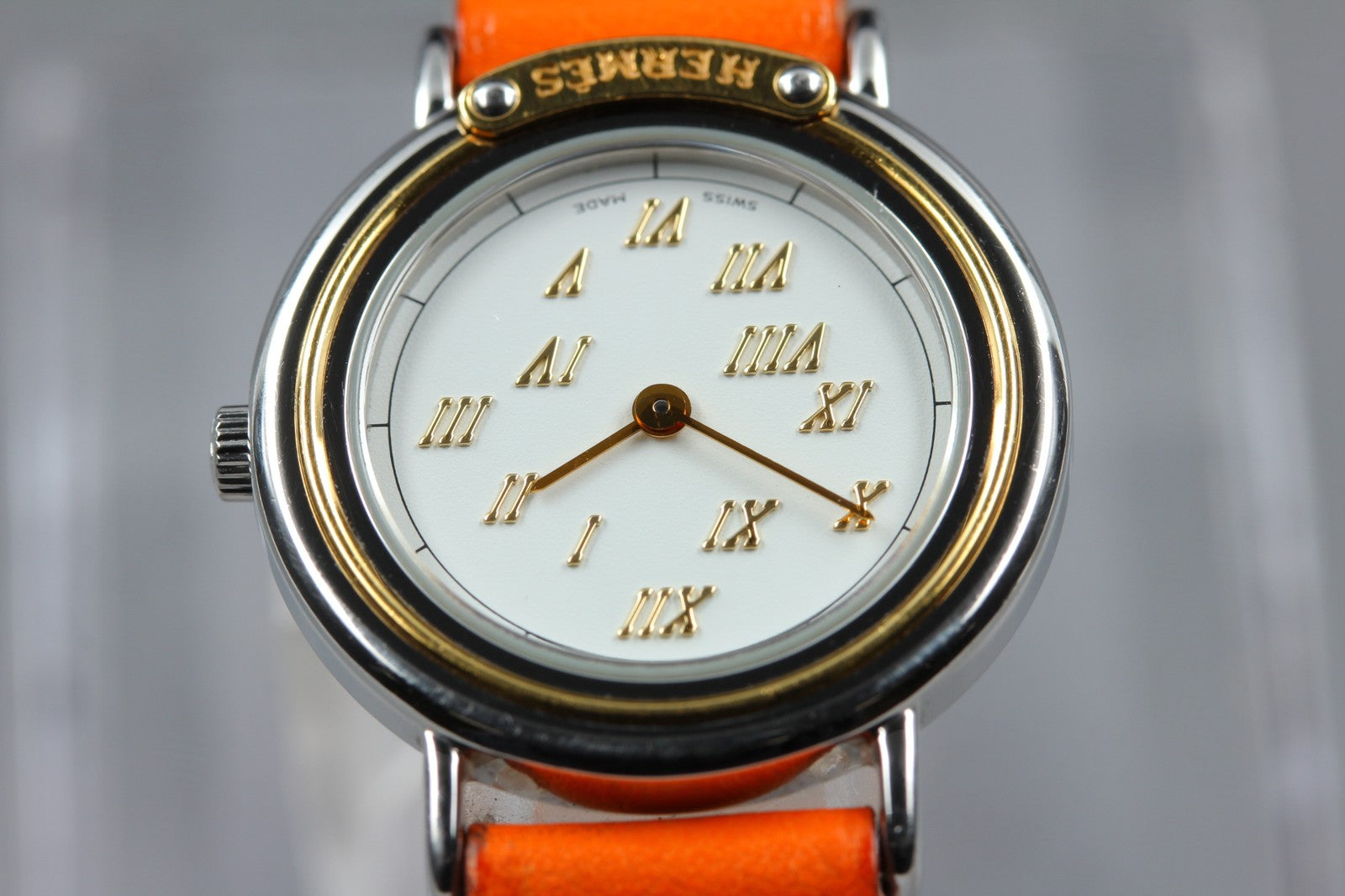Vintage HERMES Meteor White Dial Orange "E" 24mm Woman's Watch Quartz [w /Box]
