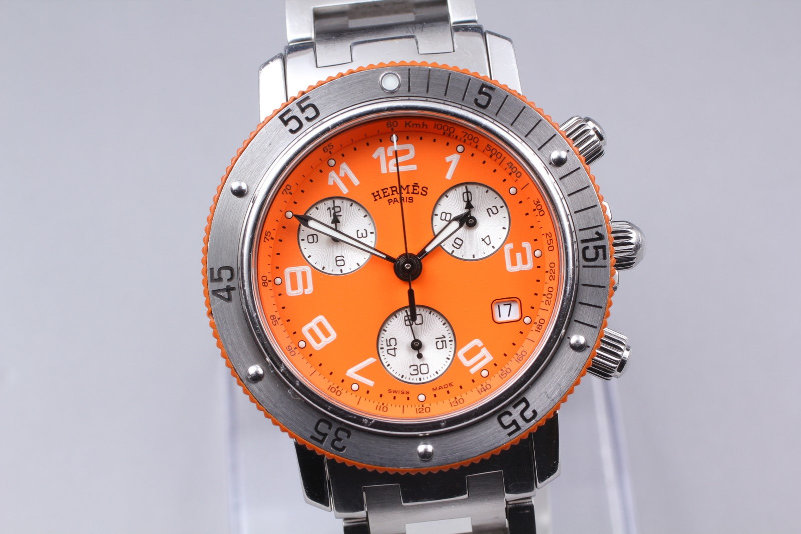 [Exc+5] HERMES Clipper CL2.916 Orange Dial Chronograph Quartz Men's Watch JAPAN