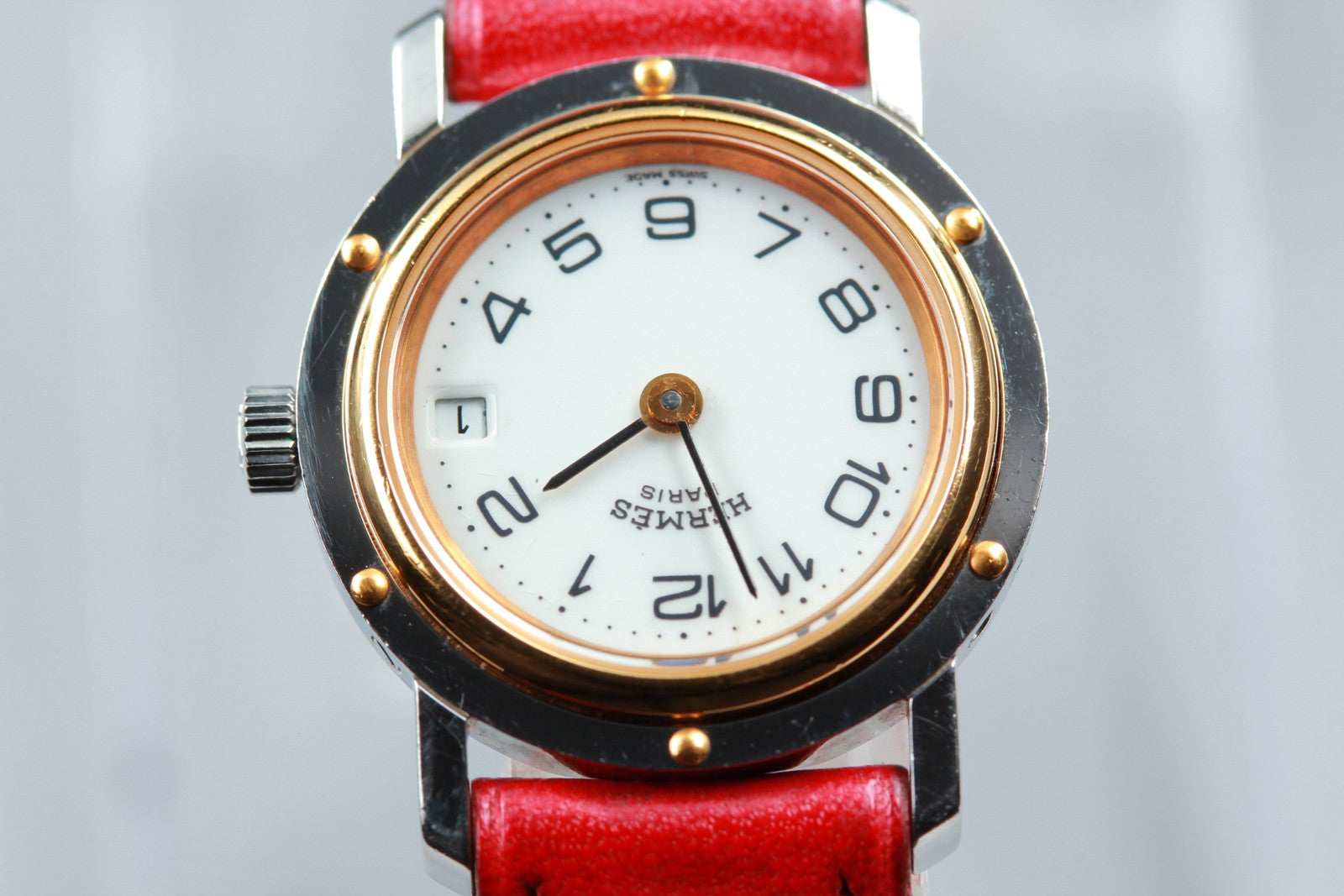 Vintage [Exc+5] HERMES Clipper White Dial Red 24mm Woman's Quartz Watch JAPAN