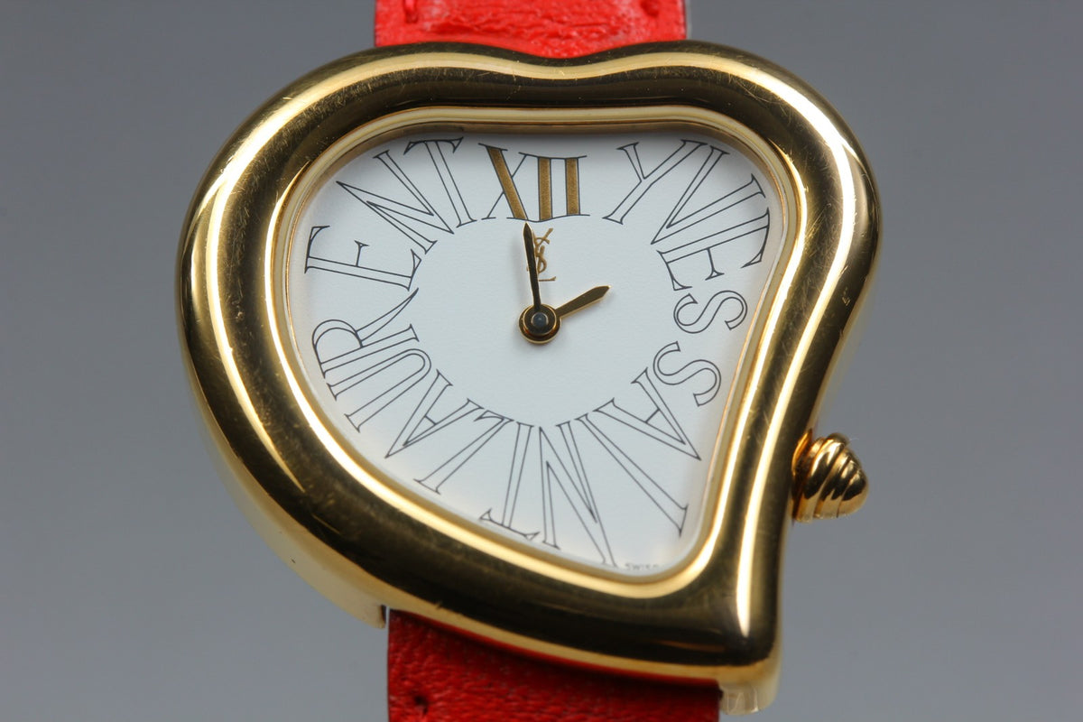 Yves Saint Laurent Heart Gold Red Leather 30mm Women's Watch Quartz Vintage