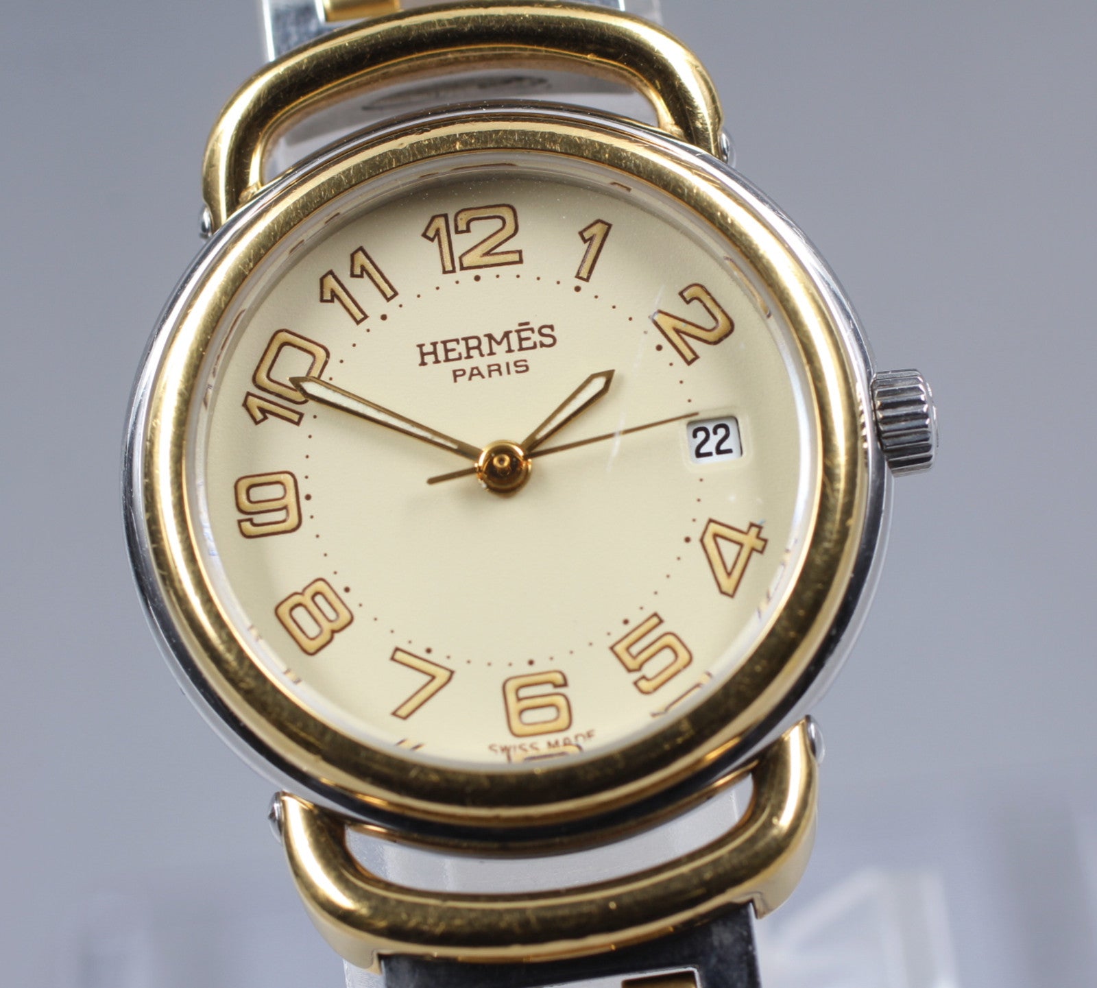 Vintage [Exc+4] Hermes Pullman PU2.240 Ivory Dial 24mm Date Woman's Quartz Watch