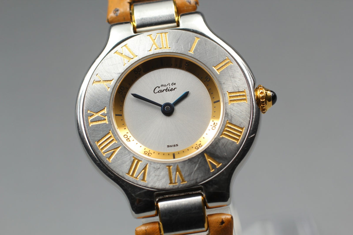 Vintage Cartier Must De 21 1340 Silver Quartz Women's Watch 27mm JAPAN Box