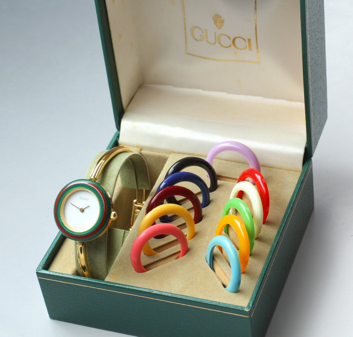 Vintage Gucci Change Bezel 11/12.2 12 Colors Gold Bangle Women's Qz Watch [Box]