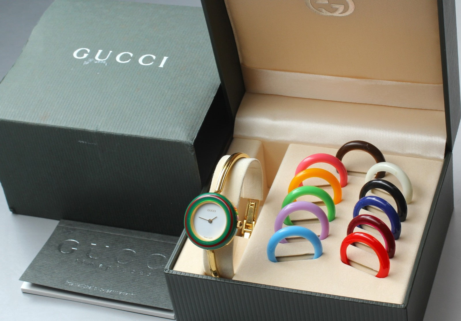 Vintage Gucci Change Bezel 11/12.2 12 Colors Gold Bangle Women's Qz Watch [Box]