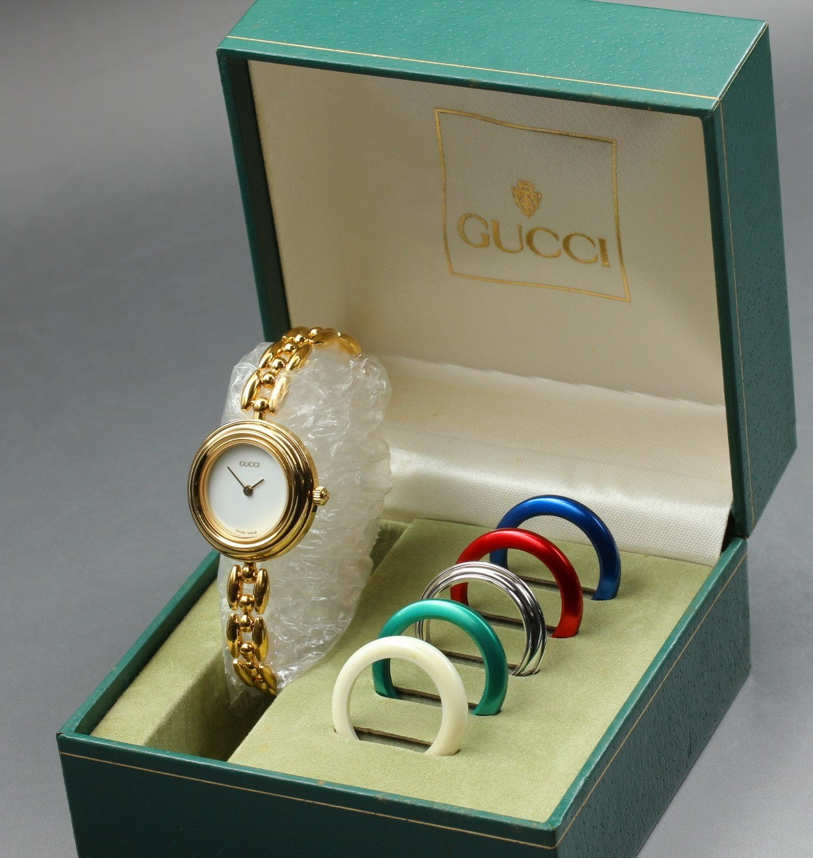 Vintage Gucci Change Bezel 11/12.2 6 Colors Gold Bracelet Women's Qz Watch [Box]