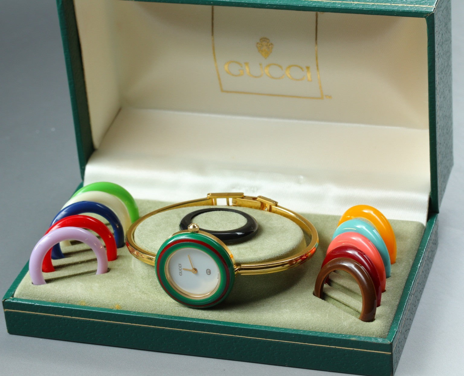 Vintage Gucci Change Bezel 11/12 Gold 12 Color Bangle Women's Qz Watch [Box]