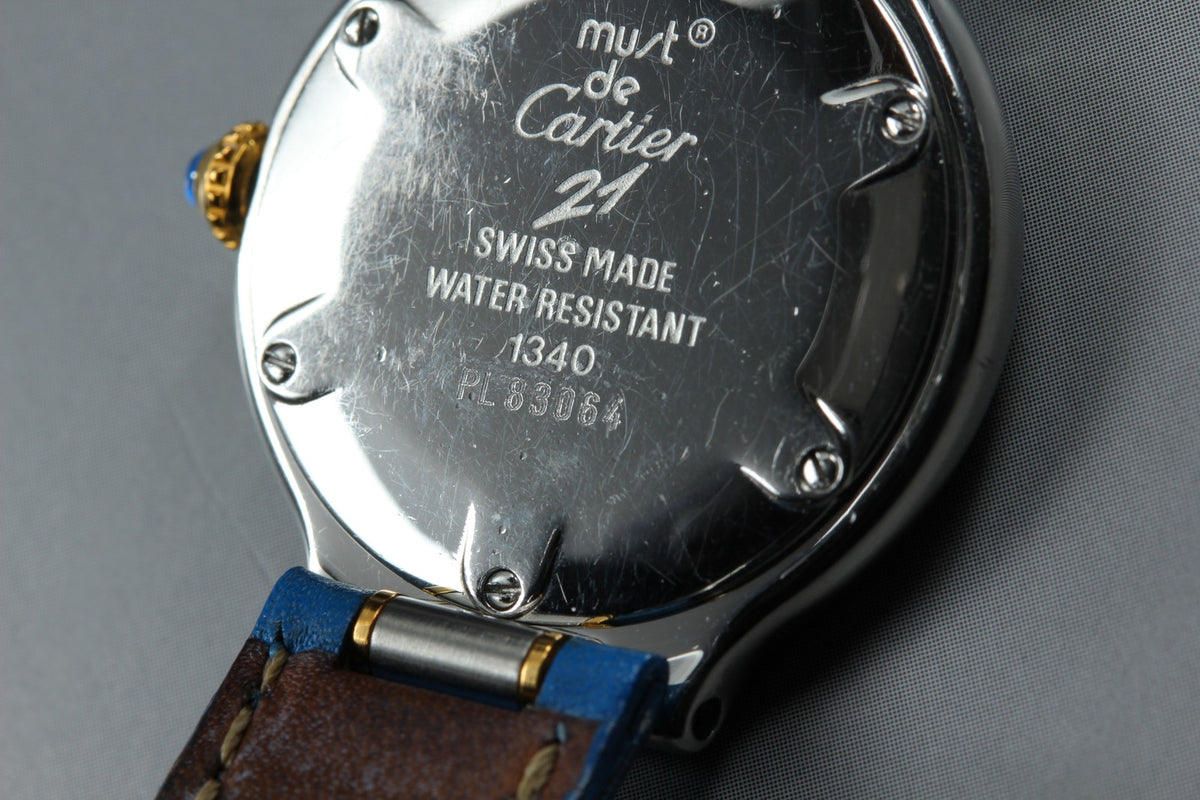Cartier Must de Cartier 21 1340 Blue Silver 27mm Women's Qz Watch Vintage Pouch