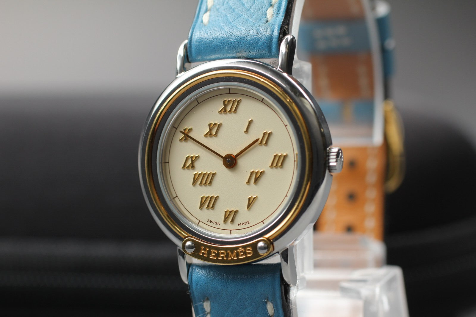 Vintage [Exc+5 Box] HERMES Meteor Gold Blue "C " 24mm Woman's Watch Quartz