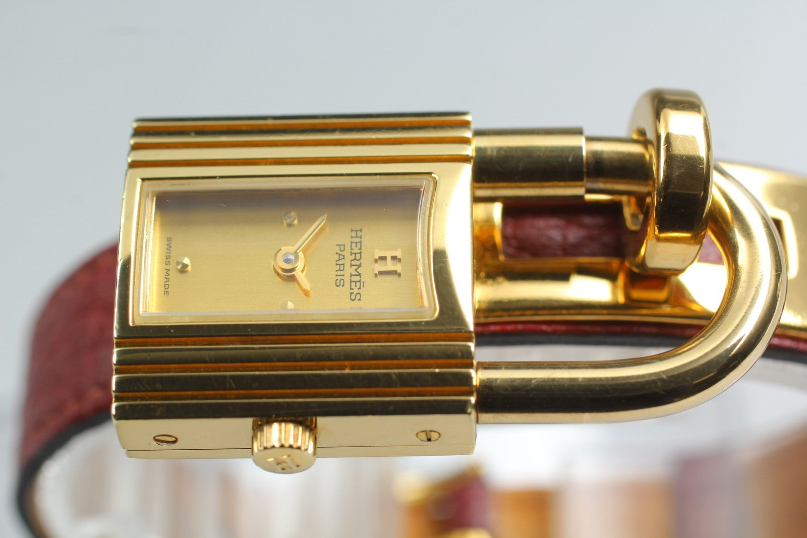 Vintage [Exc+5] HERMES Kelly Watch Gold Red Leather "X" Woman's Quartz Watch
