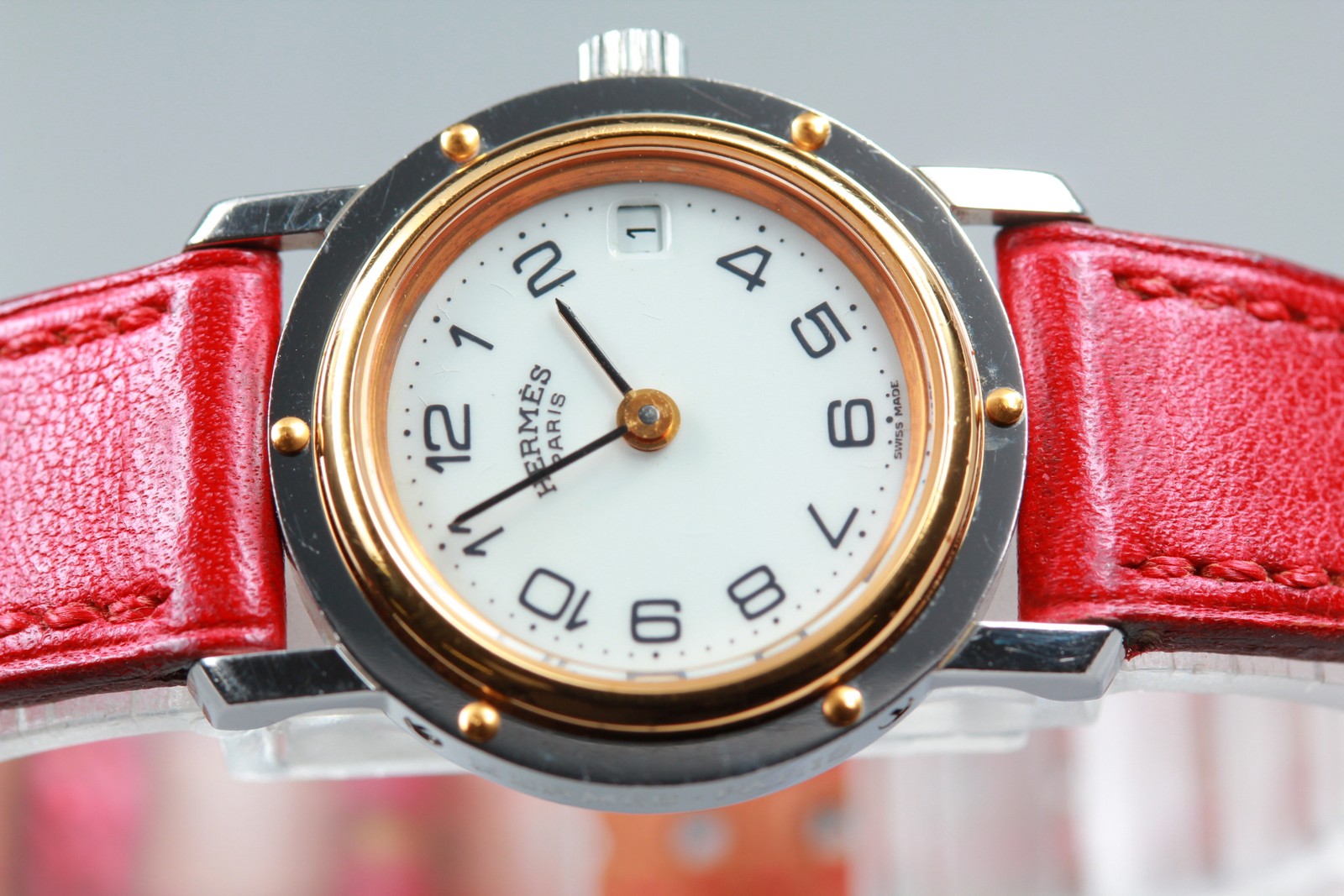 Vintage [Exc+5] HERMES Clipper White Dial Red 24mm Woman's Quartz Watch JAPAN
