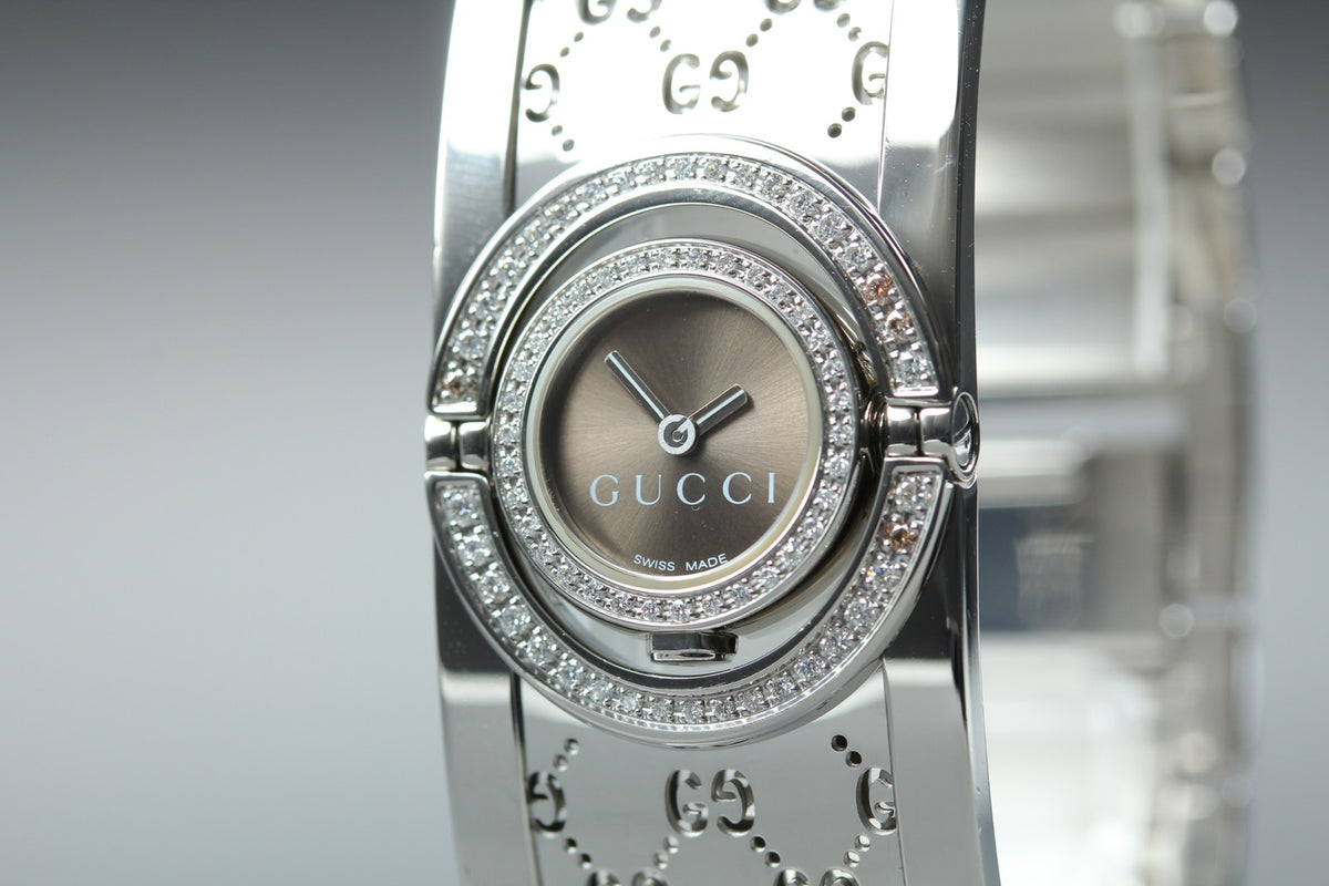 GUCCI 112 Twirl Double Diamond Brown Dial YA112504 23mm Woman's Qz Watch [Box]