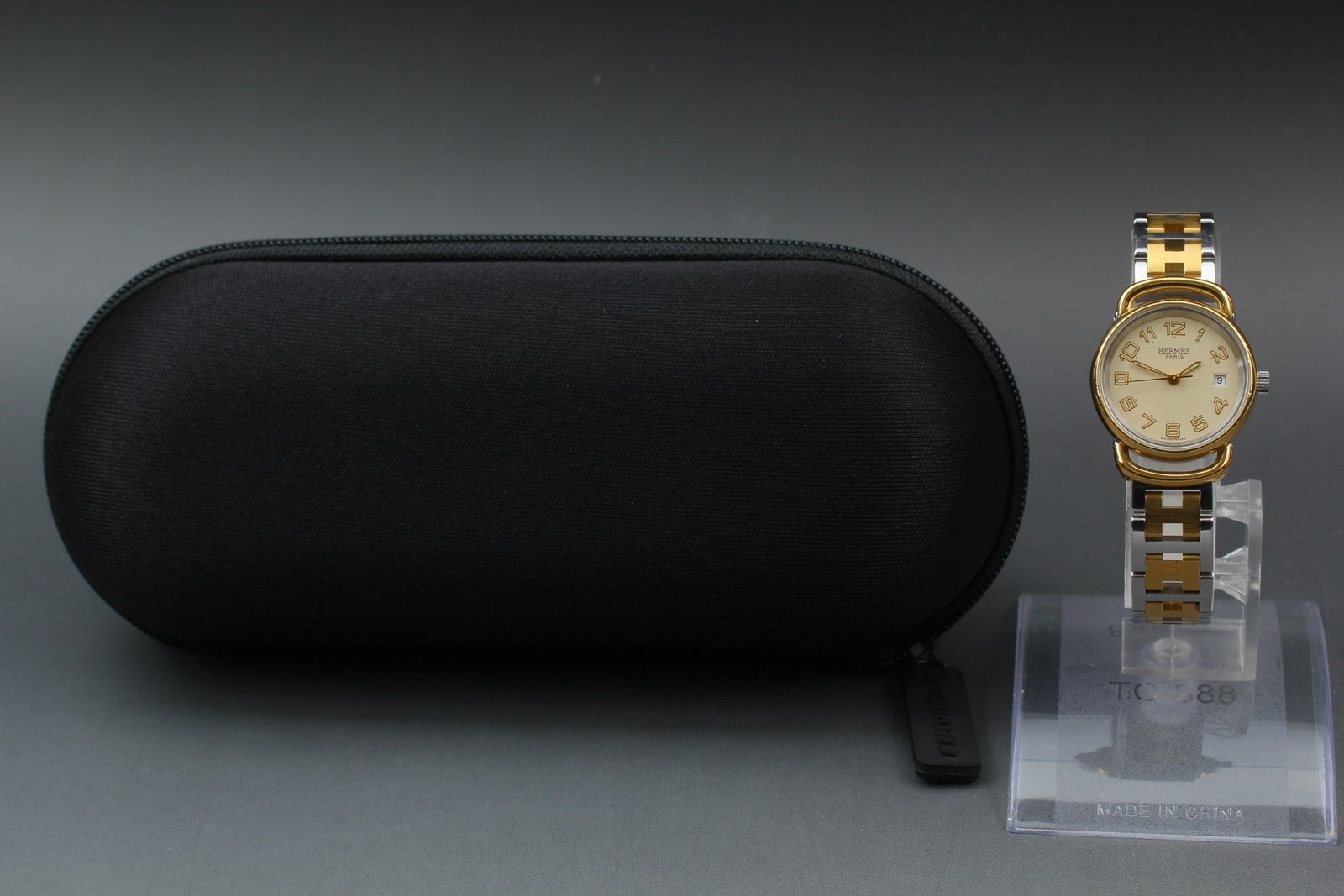 Vintage [Exc+5] Hermes Pullman Gold Ivory Dial 24mm Date Woman's Quartz Watch