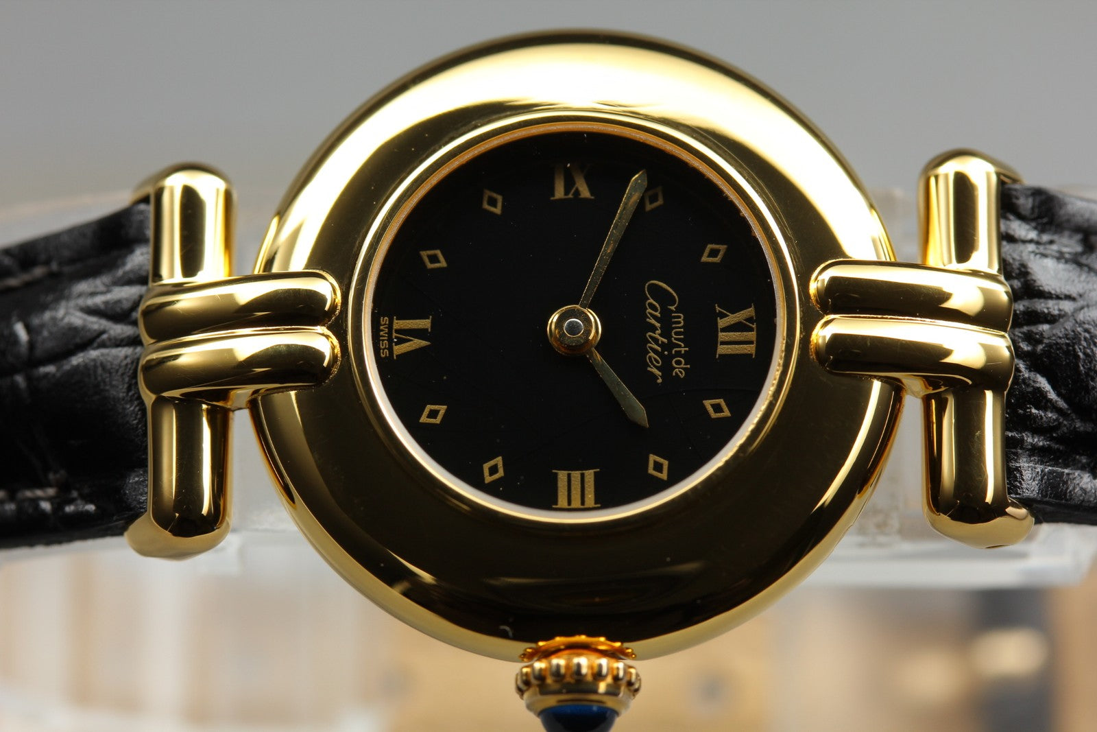 Vintage Cartier Must Colisee Vermeil 590002 Black Dial Gold Women's Quartz Watch