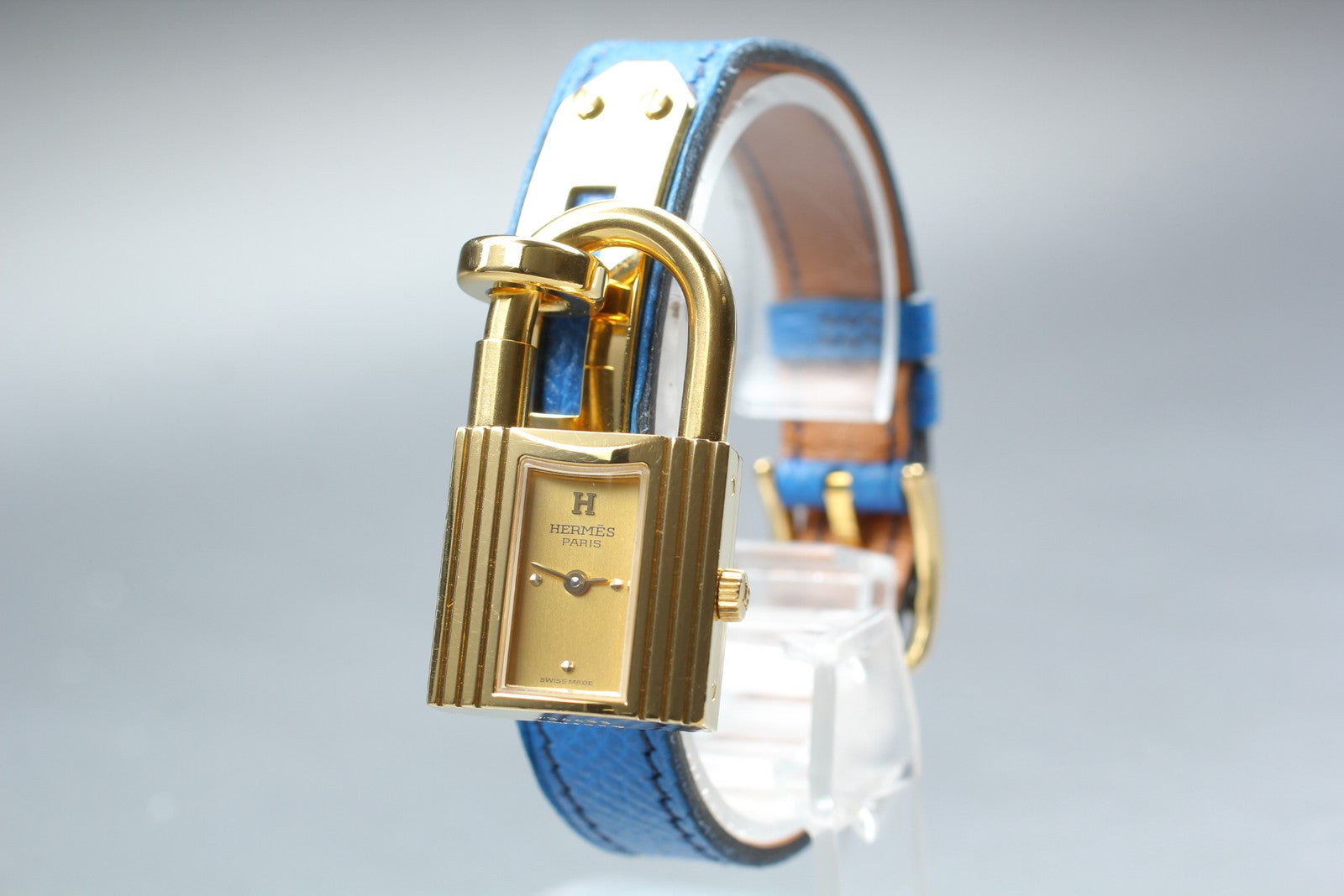 Vintage HERMES Kelly Watch Gold Dial Blue Leather "Y" Womans Watch Quartz [Box]