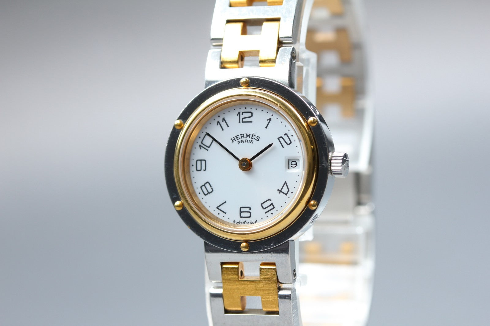 Vintage [Exc+5 Box] Hermes Clipper 24mm White Dial Gold Woman's Watch Quartz