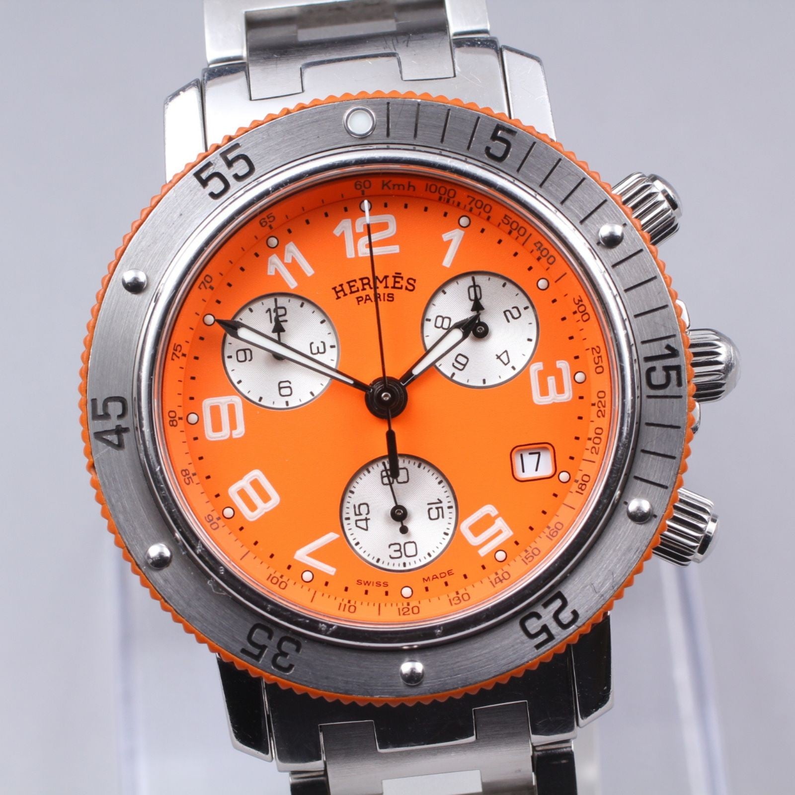 [Exc+5] HERMES Clipper CL2.916 Orange Dial Chronograph Quartz Men's Watch JAPAN