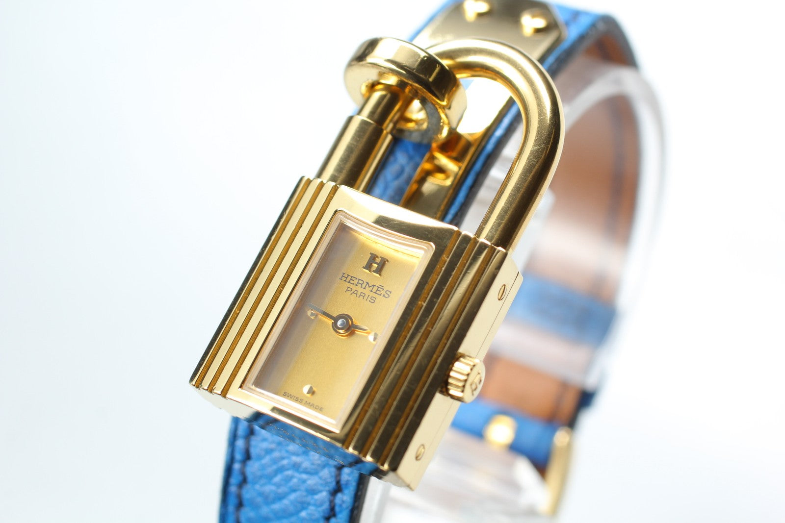 Vintage HERMES Kelly Watch Gold Dial Blue Leather "Y" Womans Watch Quartz [Box]