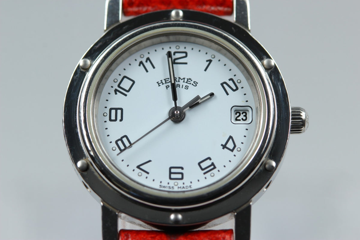 HERMES Clipper CL4.210 Date White Dial Red "E" 24mm Woman's Quartz Watch [Box]
