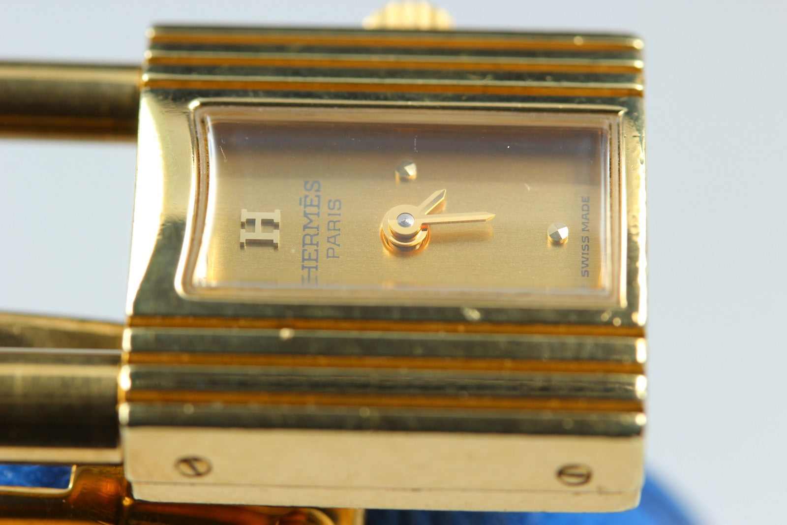 HERMES Kelly Watch Gold Dial Blue "U" 20mm Woman's Watch Quartz Vintage [w/Box]