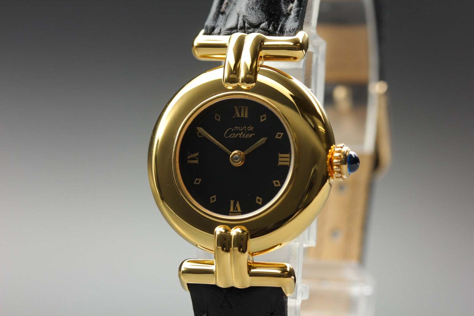 Vintage Cartier Must Colisee Vermeil 590002 Black Dial Gold Women's Quartz Watch