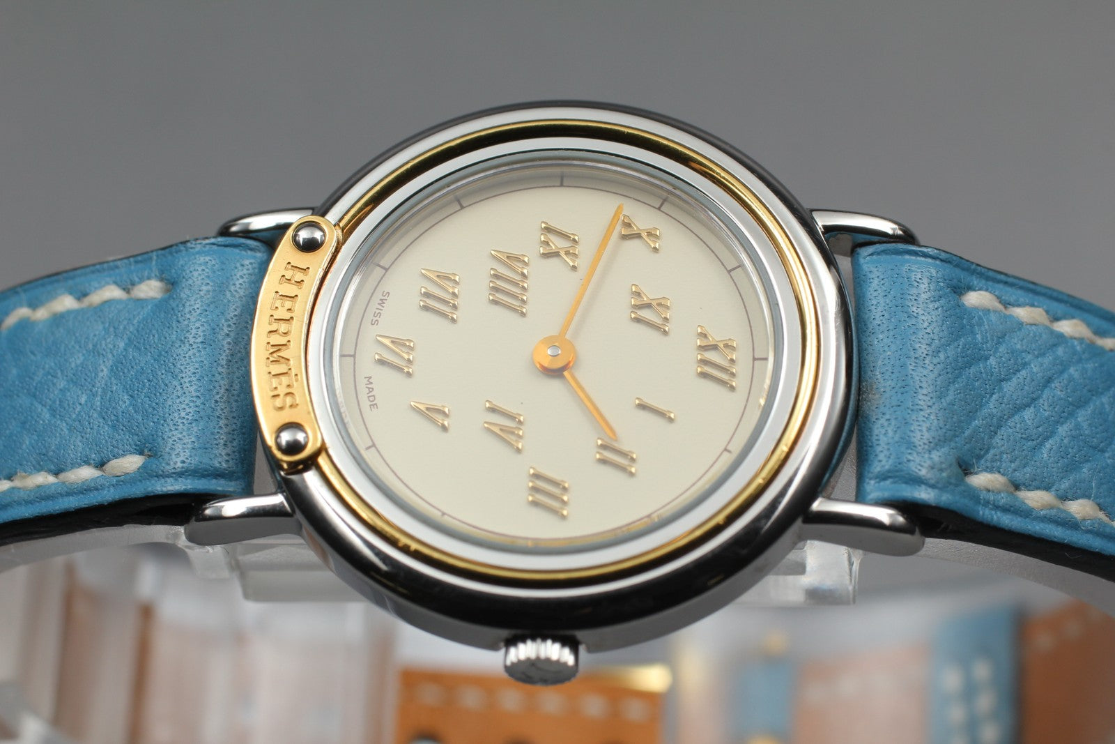 Vintage [Exc+5 Box] HERMES Meteor Gold Blue "C " 24mm Woman's Watch Quartz