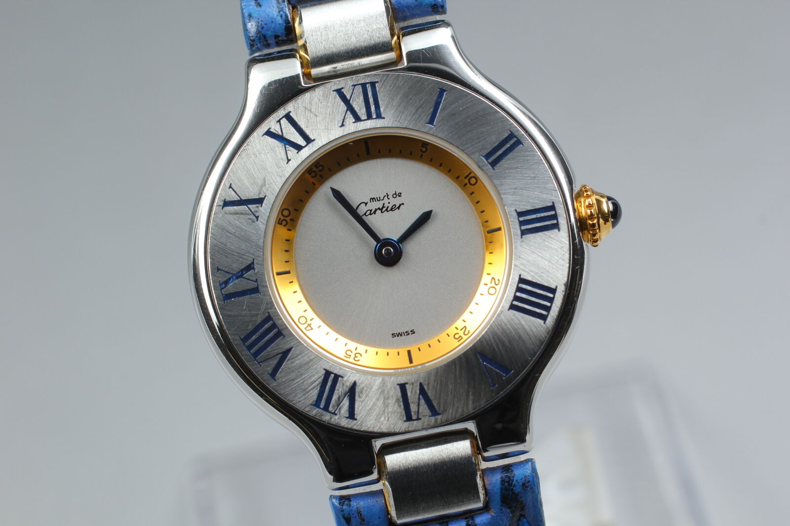 New Battery [Exc+5 Box] Cartier Must de Cartier 21 1340 Blue Women Qz Watch JP