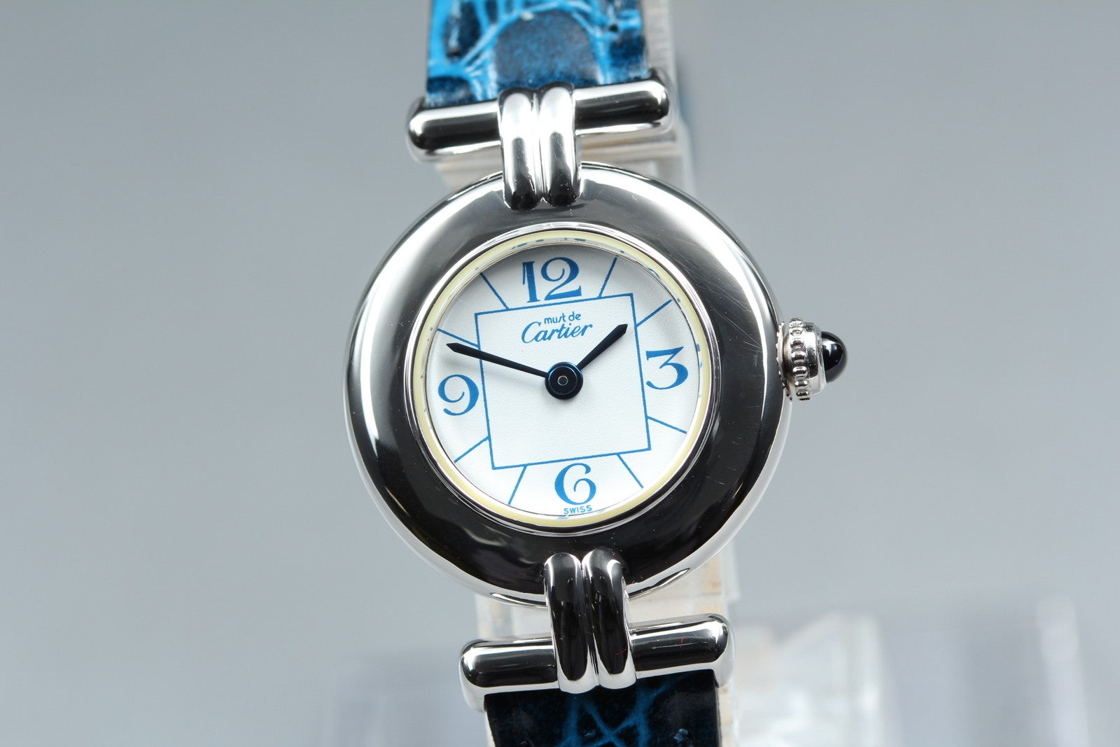[Overhauled] Cartier Must Colisee Vermeil 2411 Silver Blue Womens Qz Watch Pouch
