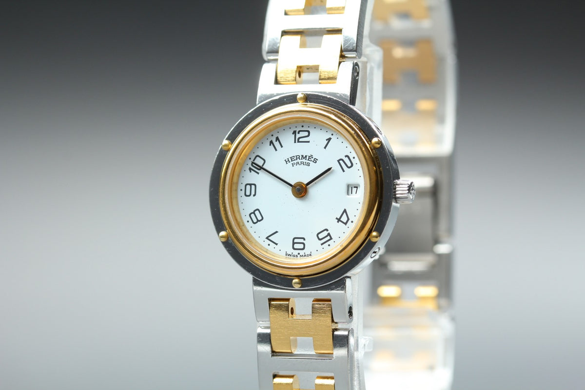 HERMES Clipper White Dial Gold Bracelet 24mm Woman's Quartz Watch Vintage